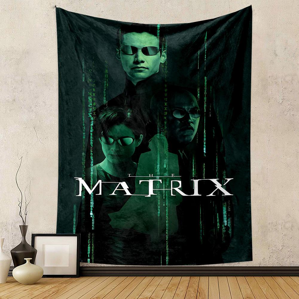 A Green Digital Code Backdrop with Three Individuals In Futuristic Attire. Patterned Tapestry for Bedroom and Living Room Home Decor