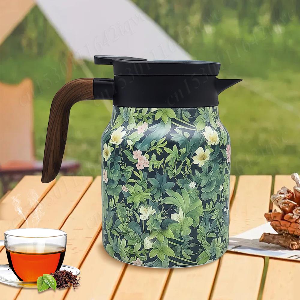 Kitchen Tea Kettle 800ml Retro Floral Tea Kettle Stainless Steel with Infuser Tea Separation Thermal Insulation Pot Wood Handle