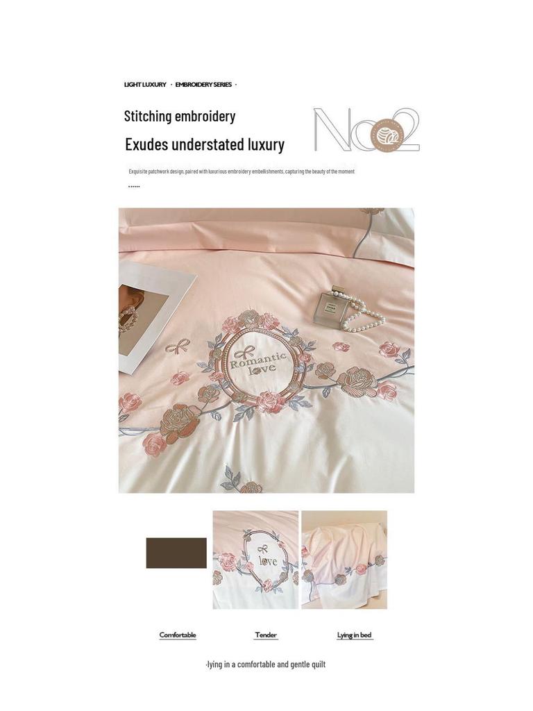 Set de lenjerie de pat de lux din bumbac integral cu broderie florală: Husă de plapumă și cearșaf de pat din bumbac de înaltă calitate cu fibre lungi.