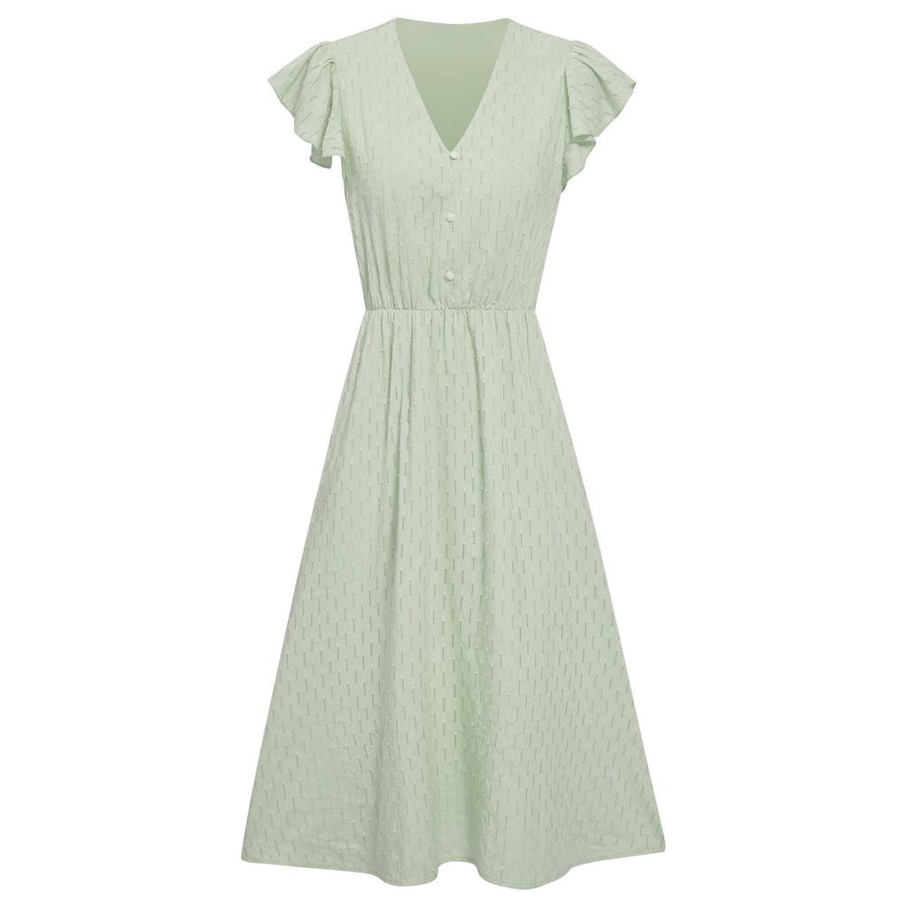 New European and American summer casual women's clothing European and American solid color V-neck waist fresh wind dress
