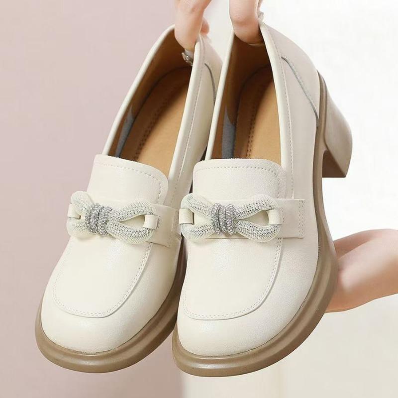 

Autumn bow rhinestone women s round head soft sole high heel single shoes one pedal small leather shoes 40