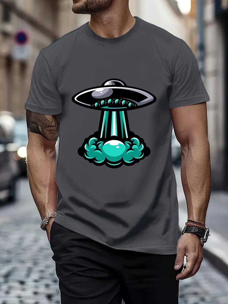 Cartoon UFO Spaceship Graphic Unisexs Crew Neck T Shirt Alien Flying Saucer Print Short Sleeve Casual Cotton Streetwear Daily Tee