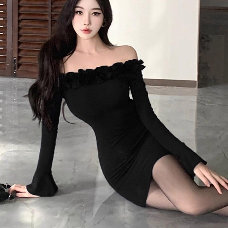 Pure desire style sexy one-word shoulder ruffle edge suspender dress women's spring and autumn tight hip-wrapped mom skirt off-the-shoulder skirt