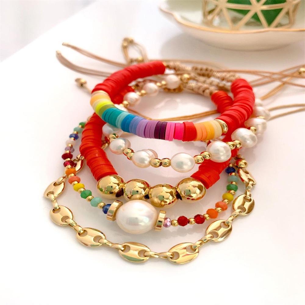 

European & American Style Colorful Polymer Clay & Natural Pearl Bracelet Set for Women
