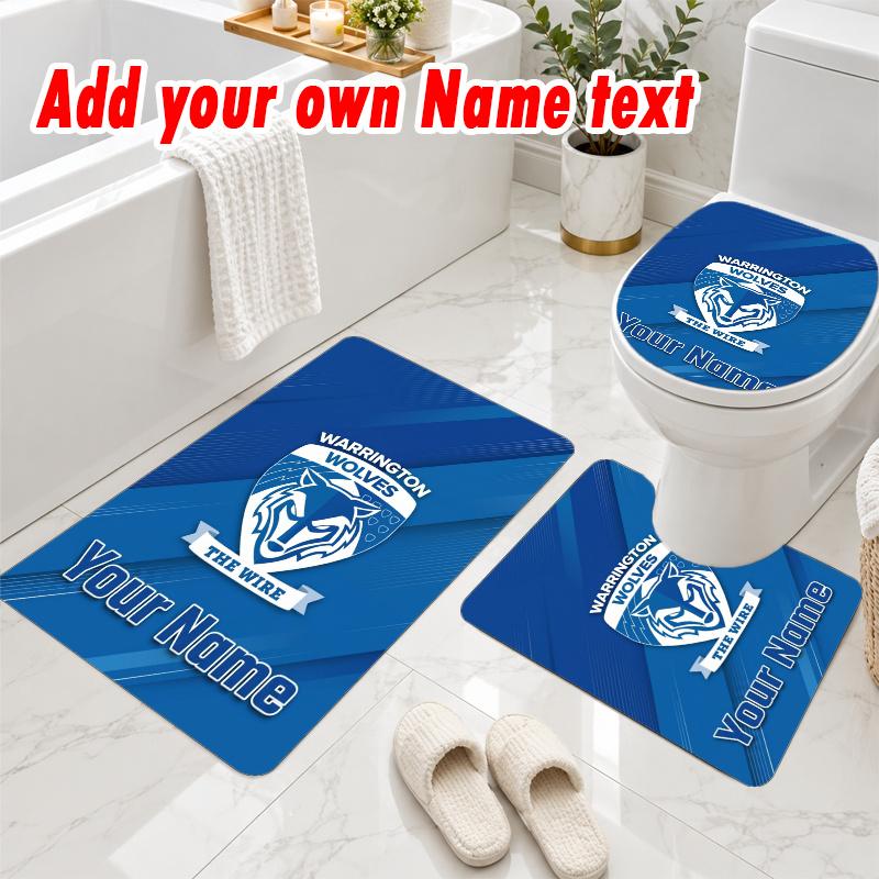 Personalized Warrington Wolves 3Pcs Flannel Toilet Mat Set Custom Text Bathroom Rug Non Slip