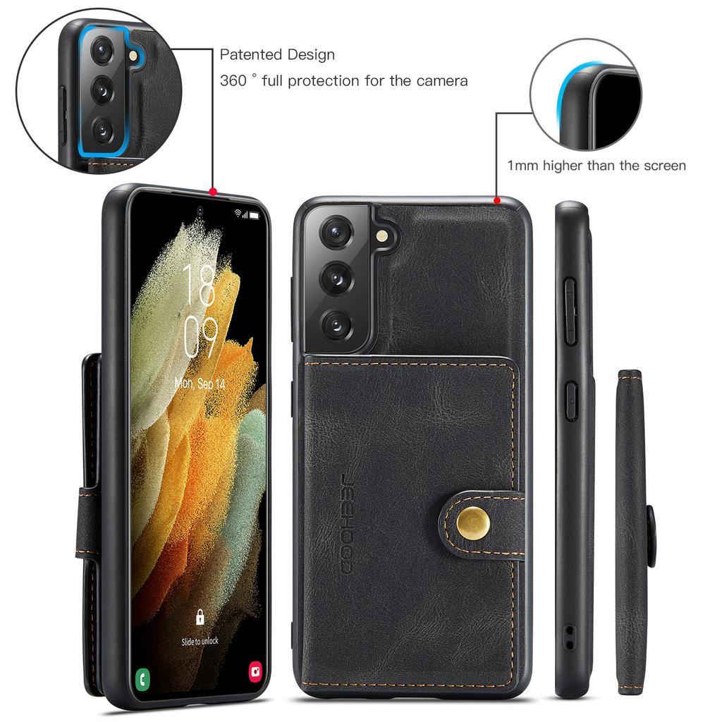 For Samsung Galaxy S22 5G Case JEEHOOD J01 Retro Leather Phone Back Cover with Detachable Magnetic Card Holder