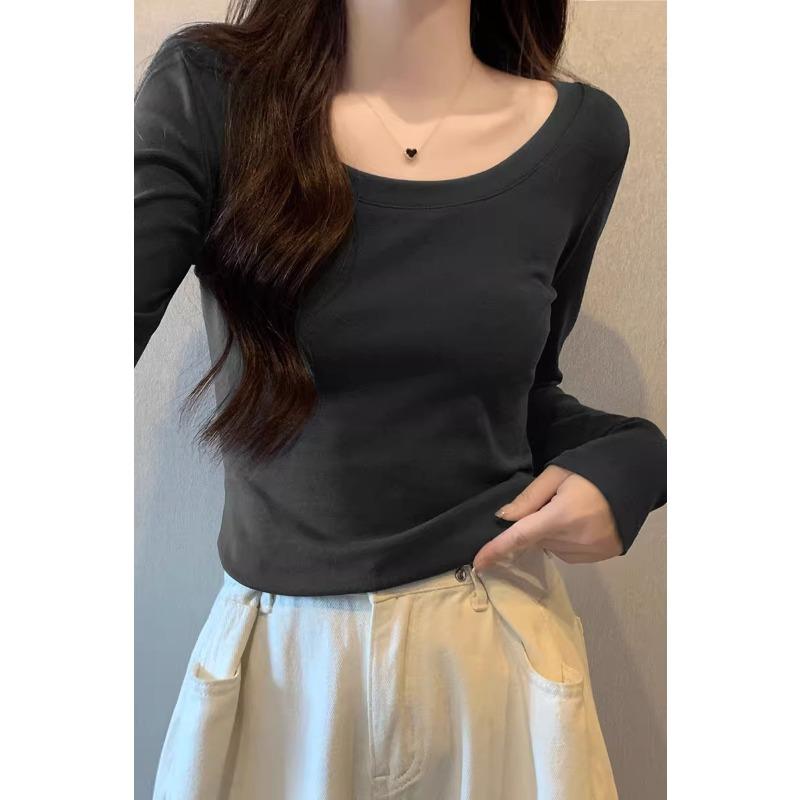 Entworfenes U-Ausschnitt Slim-Shoulder Langarm-T-Shirt für Damen Frühling und Herbst neu hoch tailliert freiliegendes Schlüsselbein sexy Innen-Unterhemd