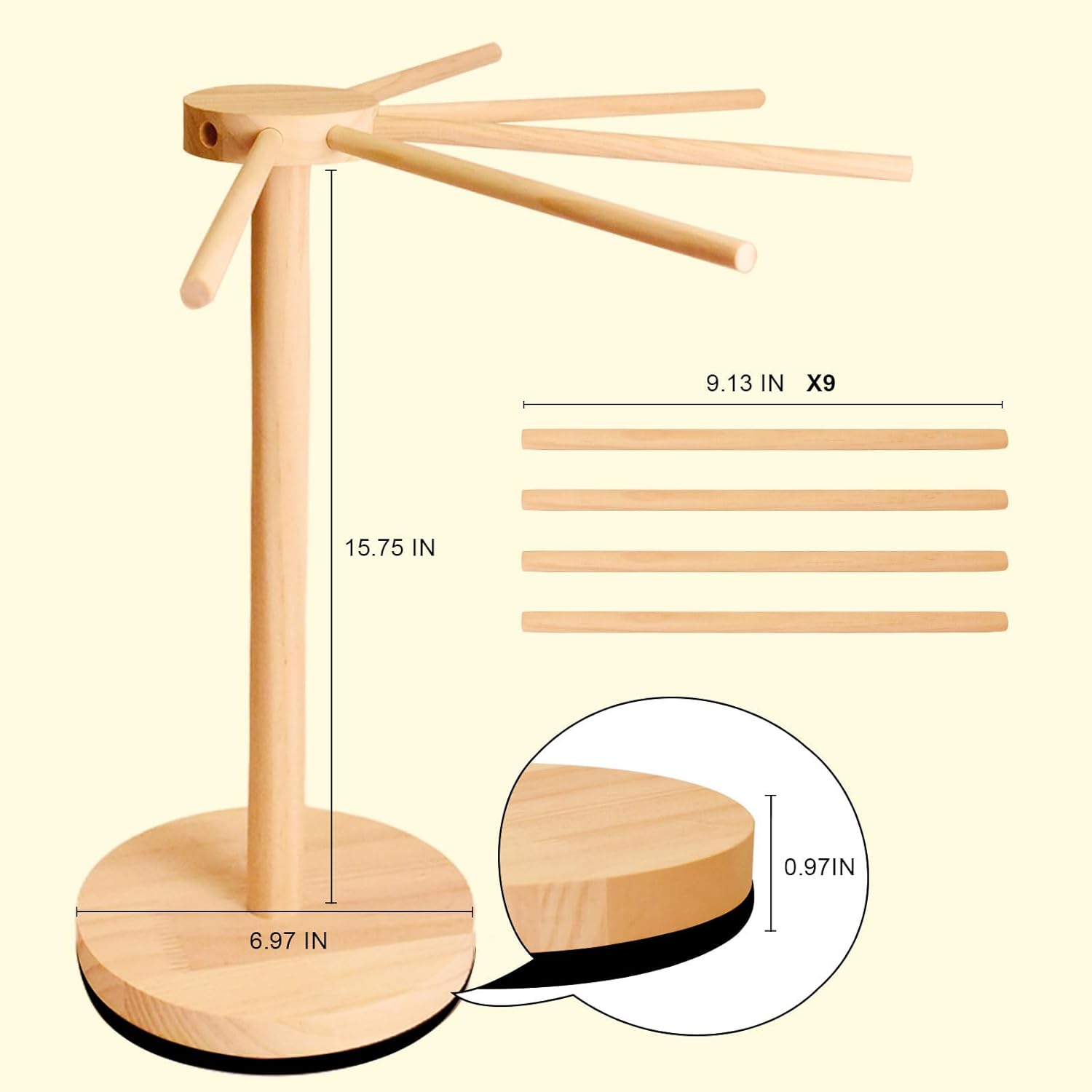 Pasta Drying Rack Pasta Dryer Rotatable Pinewood Drying Rack Detachable with 9 Rods for Pasta Noodle Spaghetti Rack for Drying 360° Rotating Home