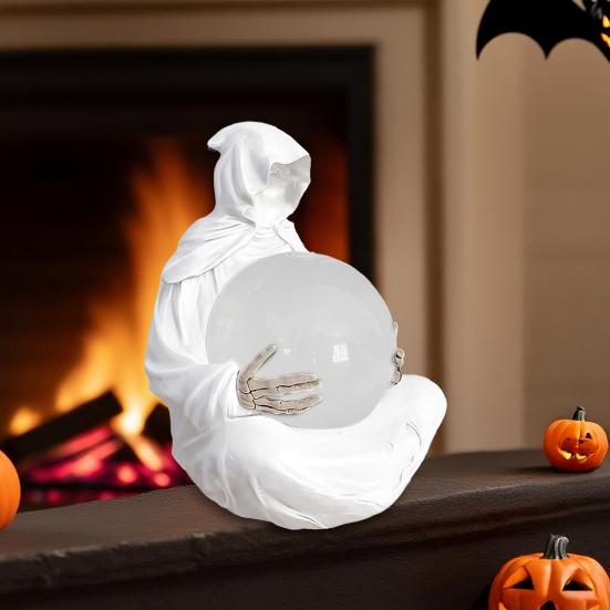 Halloween Crystal Ball Decoration Reaper Statue Gothic Spooky Sculpture with Light-Up Ball Halloween Statue Ornament