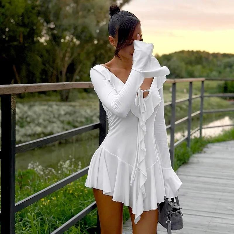 Temperament Slim Fit Ruffled Solid Color Trumpet Long Sleeves Tie Dress For Women