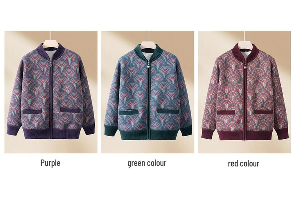 Women's Plus Velvet Thick Knit Sweater - Warm Autumn/Winter Lamb’s Wool Coat for Middle-Aged and Elderly Moms