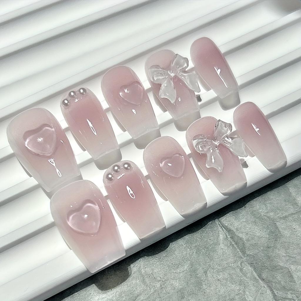 10Pcs Handmade Short Square Press On Nails, Pink Blush Gradient with 3D Heart & Bow Fake Nails for Sweet Girls