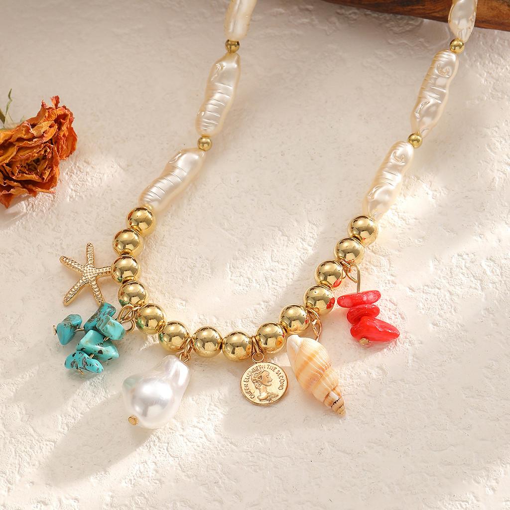 Bohemian Style Colorful Pebble Starfish Necklace With Irregular Pearl Bead Chain For Women