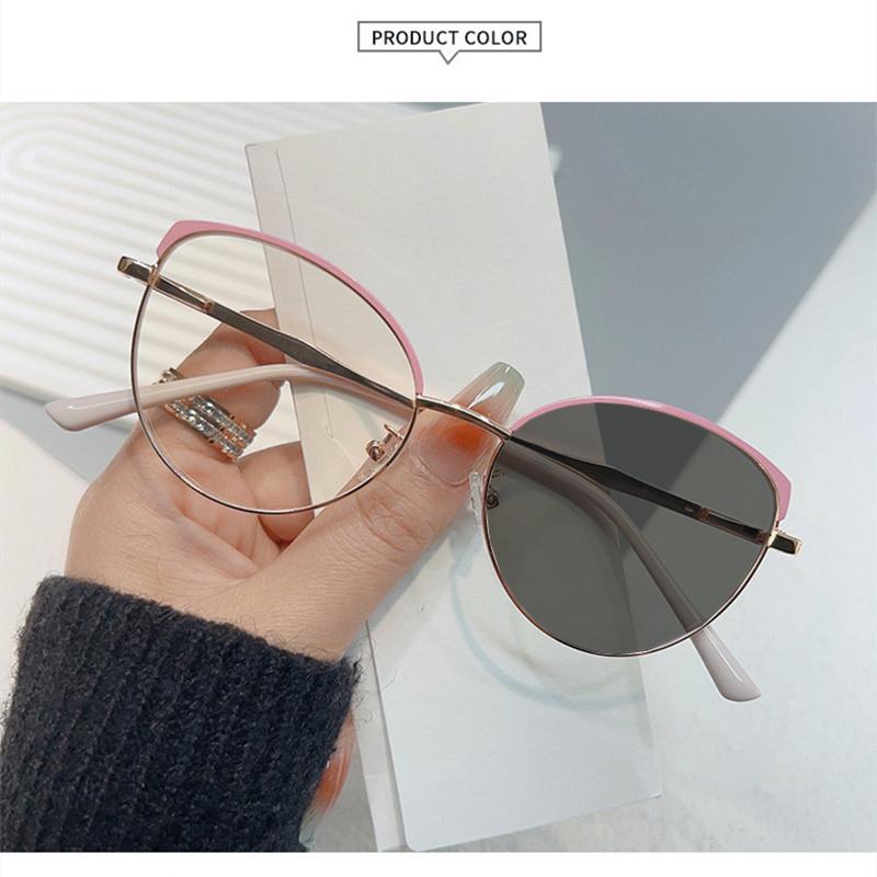 Retro Cat Eye Metal Frame Photochromic Anti Blue Light Reading Glasses for Women 0 To +6 Degrees