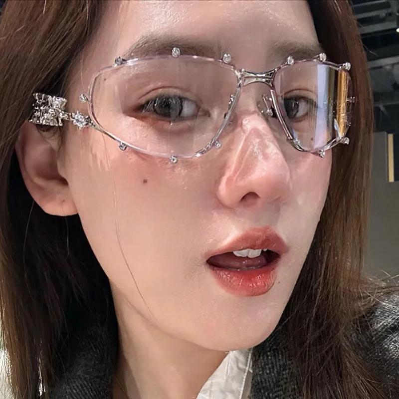 Modische Strassbrille für Damen und Herren, übergroße Katzenaugenbrille, Metall, übergroßer ovaler Rahmen, Vintage-Bling-Partybrille