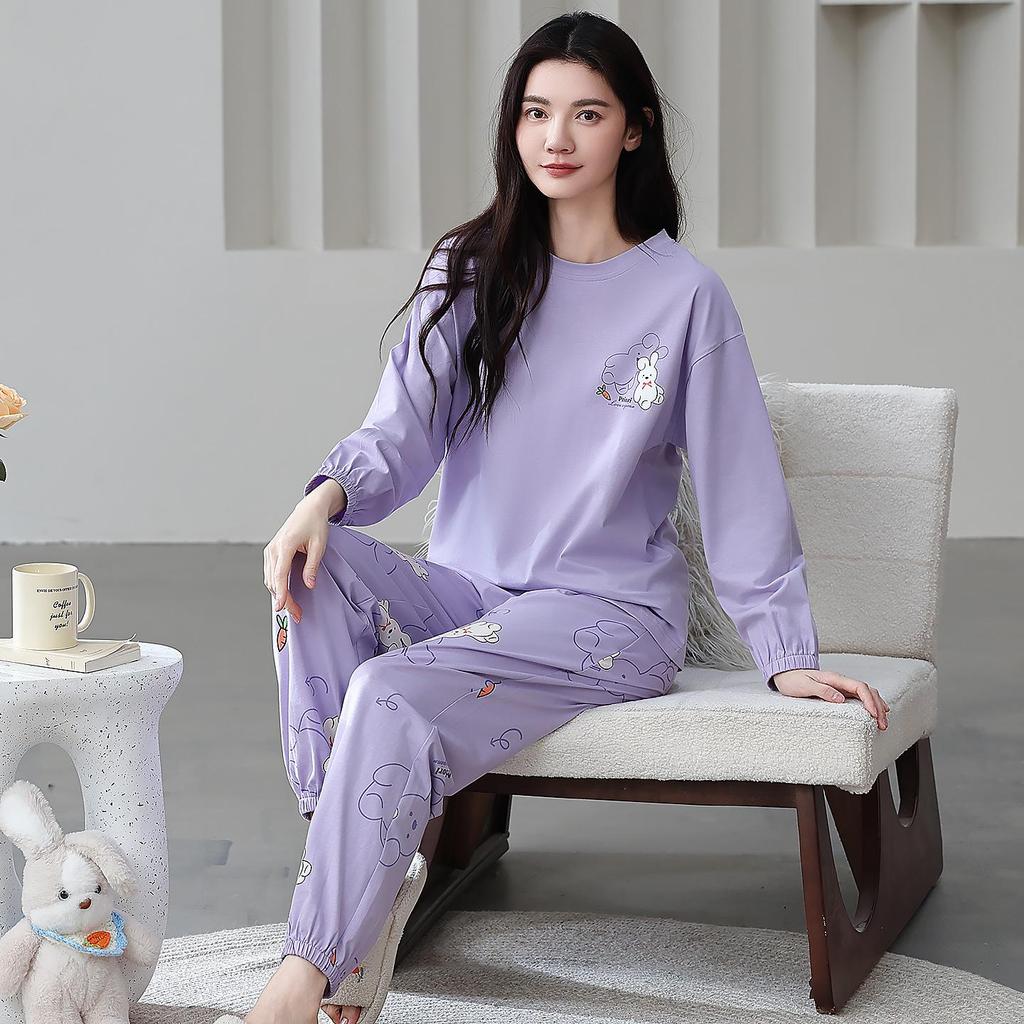 100% Cotton Women's Pajama Set – Breathable, Sweat-Absorbent, Long Sleeve Crew Neck for Indoor & Outdoor Wear (Autumn/Winter)