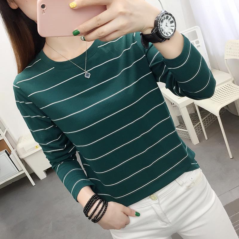 Women's Striped Round Neck Long Sleeve T-Shirt Base Bottom Tops