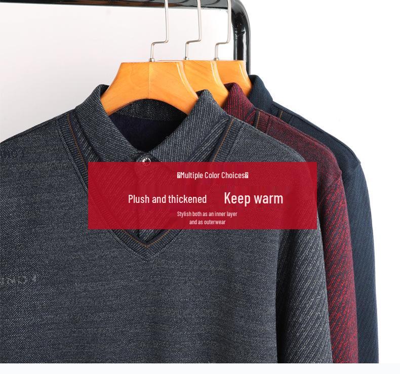 Middle-aged & Elderly Men's Thickened Velvet Knit Sweater Faux Two-Piece