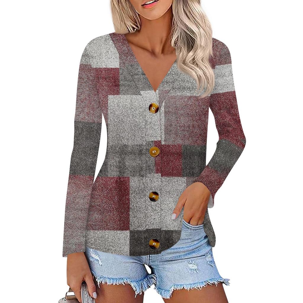Women's Fashion Casual Print Button-down Shirt Long Sleeve Tops