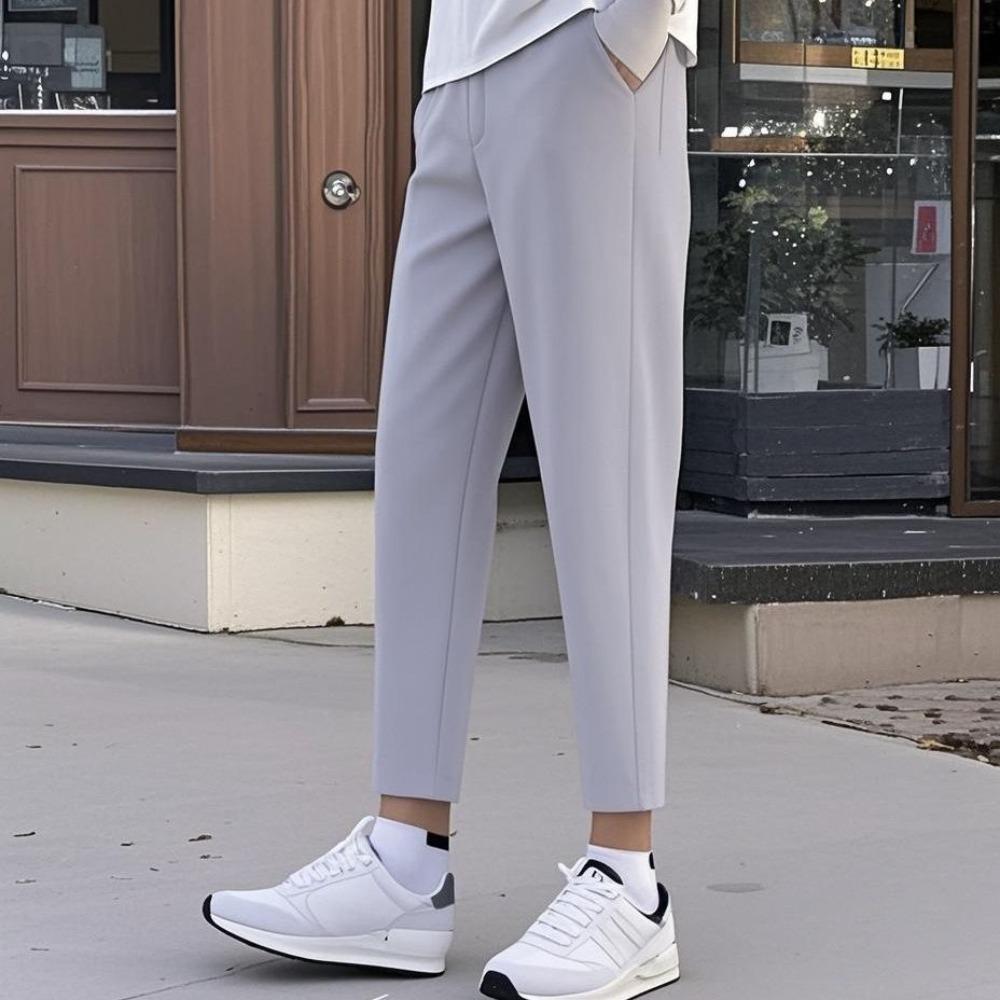 Summer Thin Ice Silk Nine-point Pants for Men's Casual Pants Trendy New Small Feet Slim and Loose Straight Young