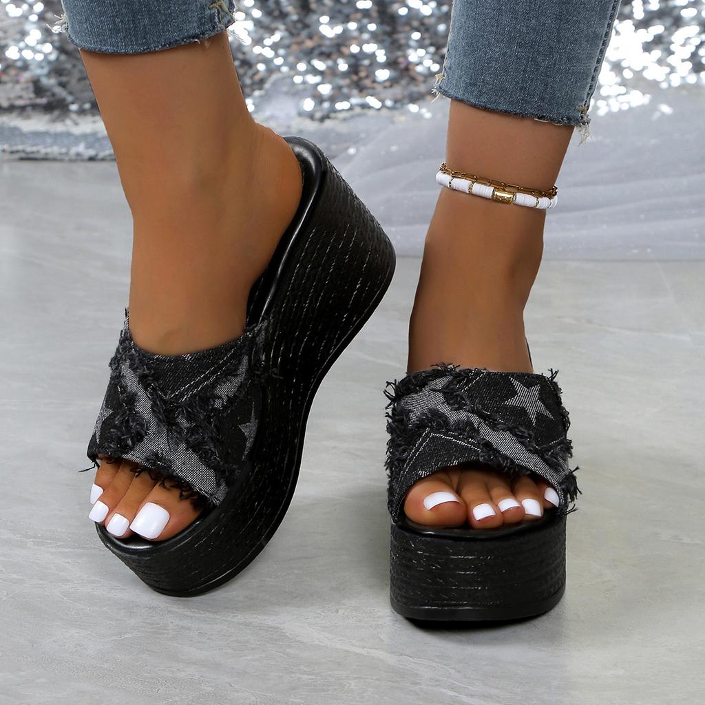 Large Size Super High Heel Slippers Denim Blue Slope Heel One-Word Slippers Wedge SlipperS