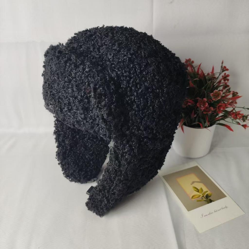 Winter cute solid color teddy fleece ear protection imitation lamb fleece Lei Feng hat women's thickened warm plush ski flying hat