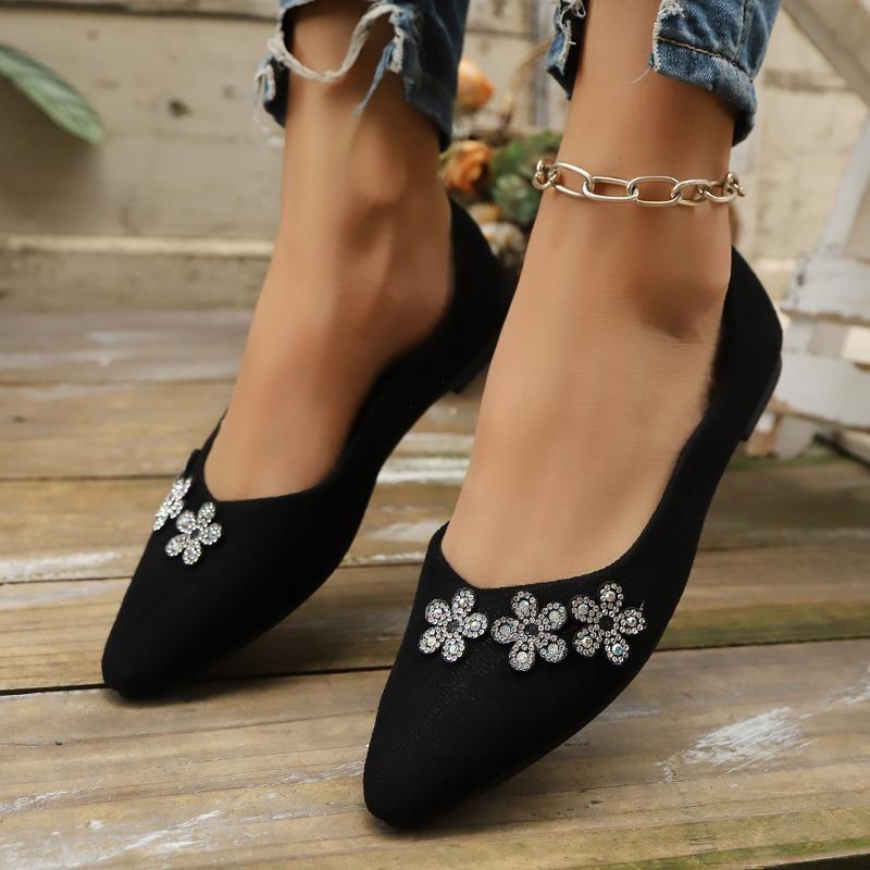 Plus Size Flats Fall New Pointed Toe Shallow Mouth Suede Rhinestone Flower Soft Sole Non-Slip Wear-Resistant Single