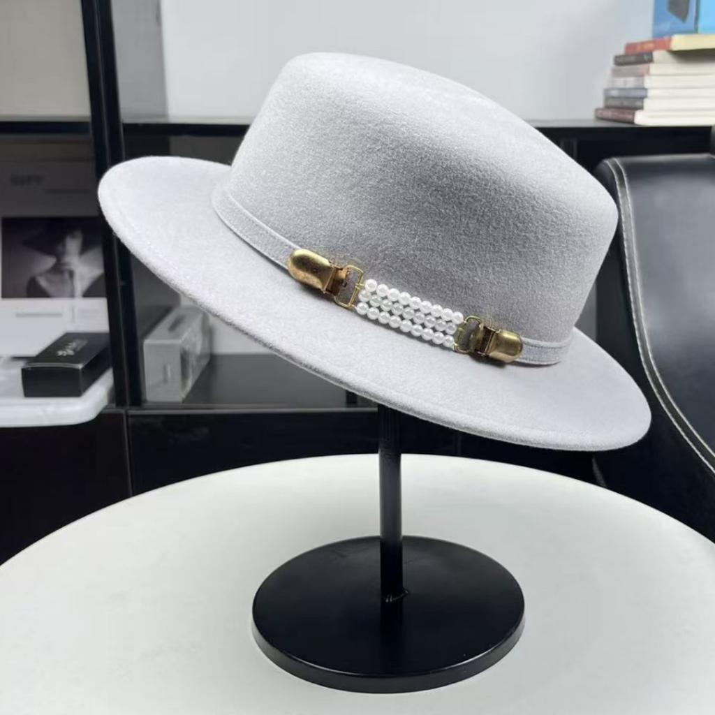 Celebrity Style Australian Wool Material Gray Brimmed Top Hat Women's Autumn and Winter Temperament Elegant Versatile Basin Hat Flat Top Hat
