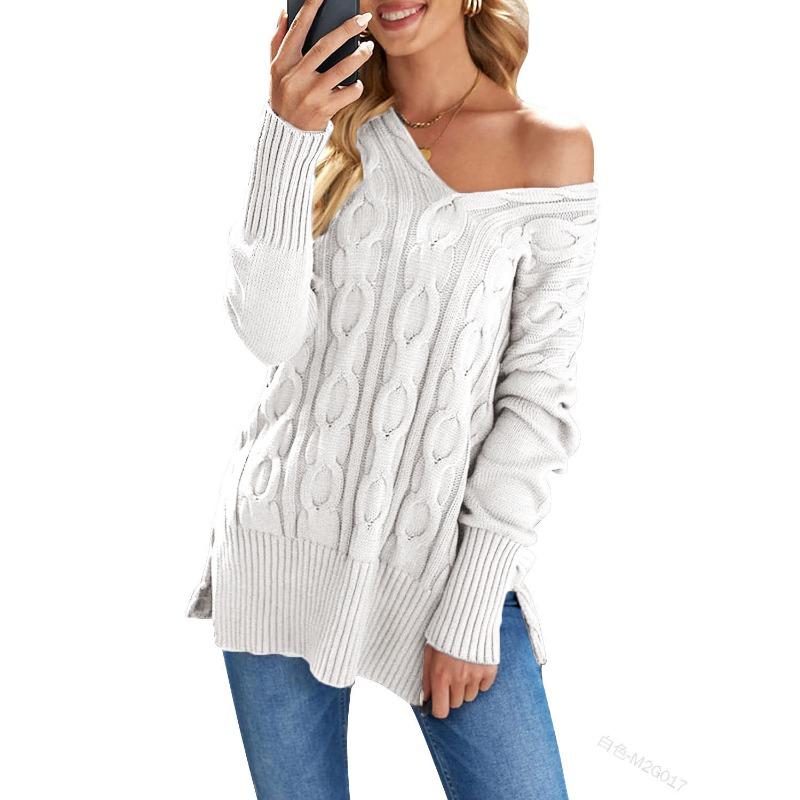 

JKASHDK Женская мода повседневная однотонная принтованная осень-зима с длинным рукавом свитера с V-образным вырезом L белый