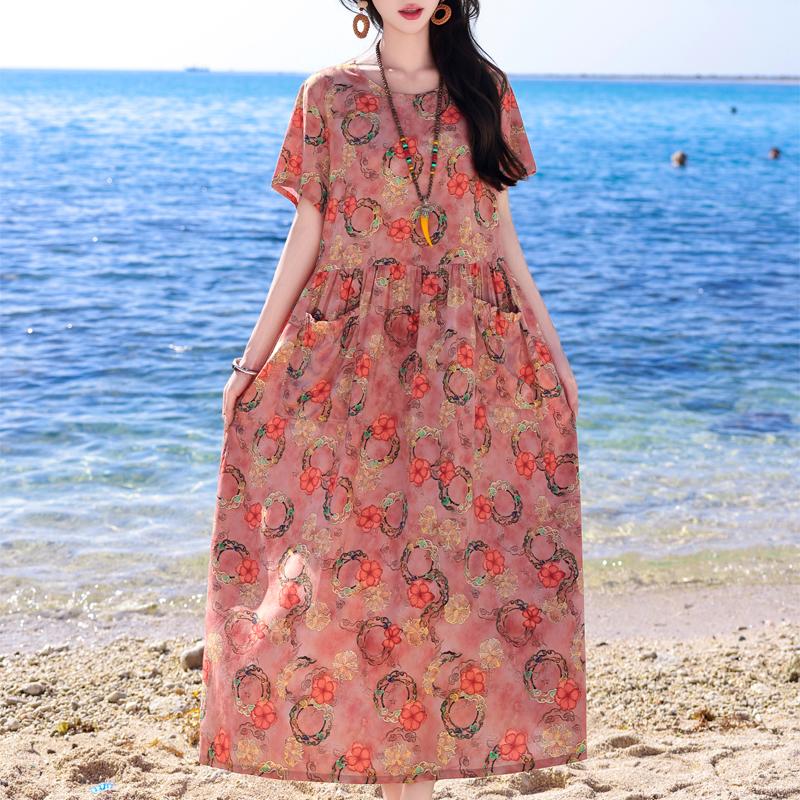 Vintage Print Lange Jurken voor Vrouwen Plus Size Korte Mouw Casual Zomerjurk Elegante Middelbare Leeftijd Dameskleding