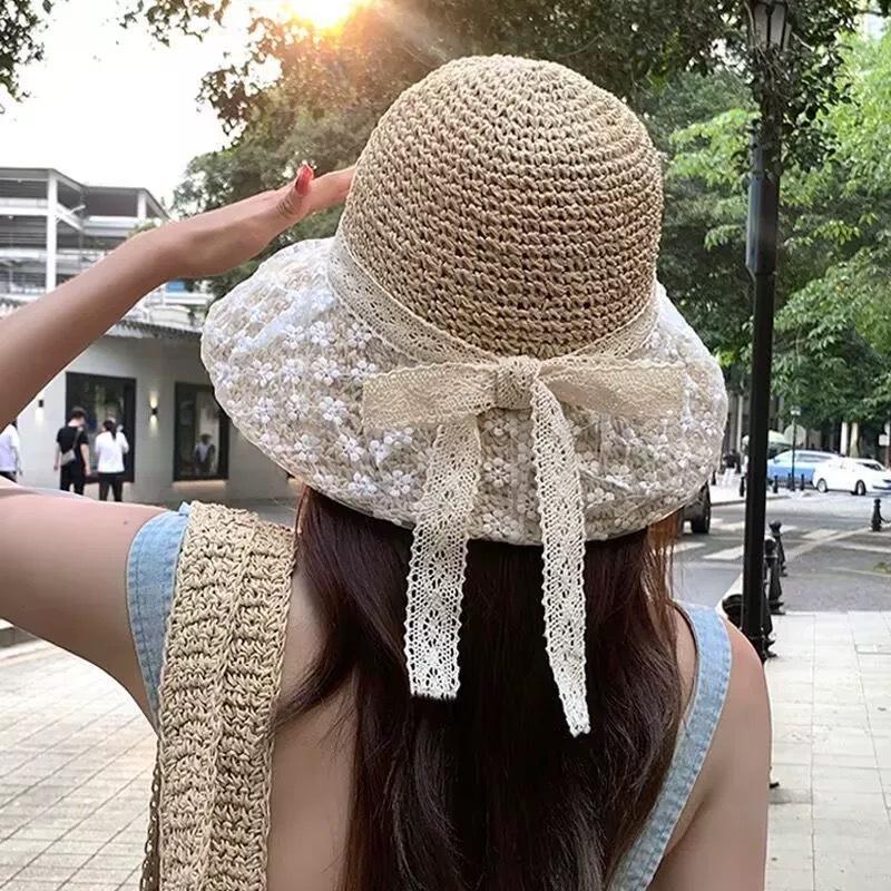Lace Flower Big Straw Hat Seaside Beach Ladies Bucket Hat Sun Protection UV Shading Lace New Summer