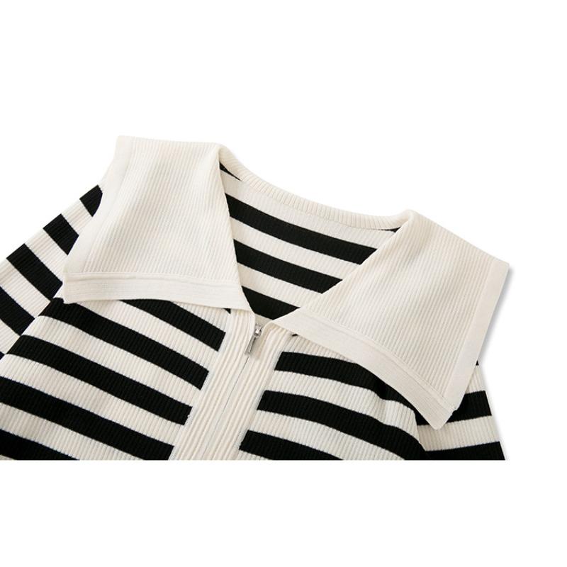 Plus Size Women's Autumn Navy Collar Jacket Top Striped Long Sleeve Knitted Cardigan