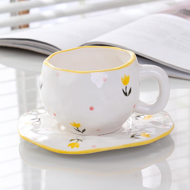 Korean Hand-Painted Ceramic Cup & Saucer Set - Creative Irregular Design for Coffee & Tea