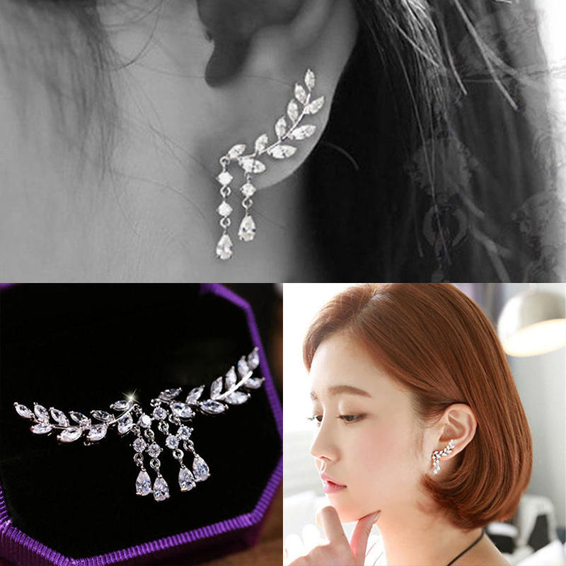 Women Gold Silver  Zircon Leaves Tassel Ear Stud Earrings Jewelry