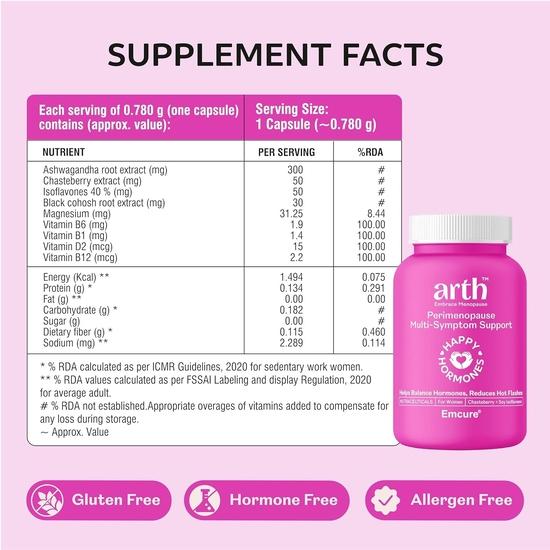 Arth Brain Fog & Perimenopause Support for Women | Brahmi for Focus + Chasteberry, Ashwagandha, Black Cohosh for Hot Flashes | 30 Capsules Each