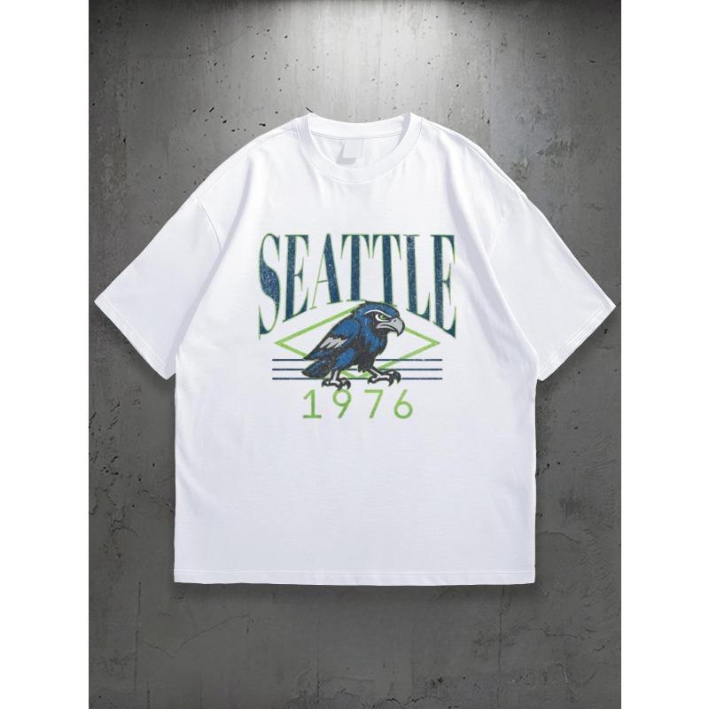

Мужская футболка с графическим принтом Seattle 1976 Забавная футболка с изображением животного для мужчин Хлопковая футболка с круглым вырезом Удобная мягкая футболка в подарок для футбольных фанатов Повседневная одежда S белый