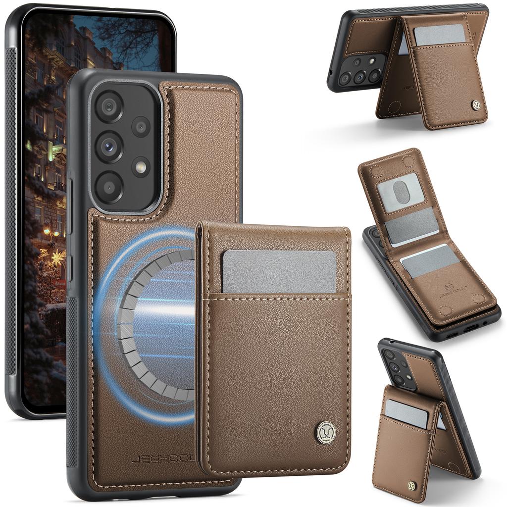 For Samsung Galaxy A53 5G Leather Back Cover Compatible with MagSafe JEEHOOD J06 Phone Case with Card Bag RFID Blocking