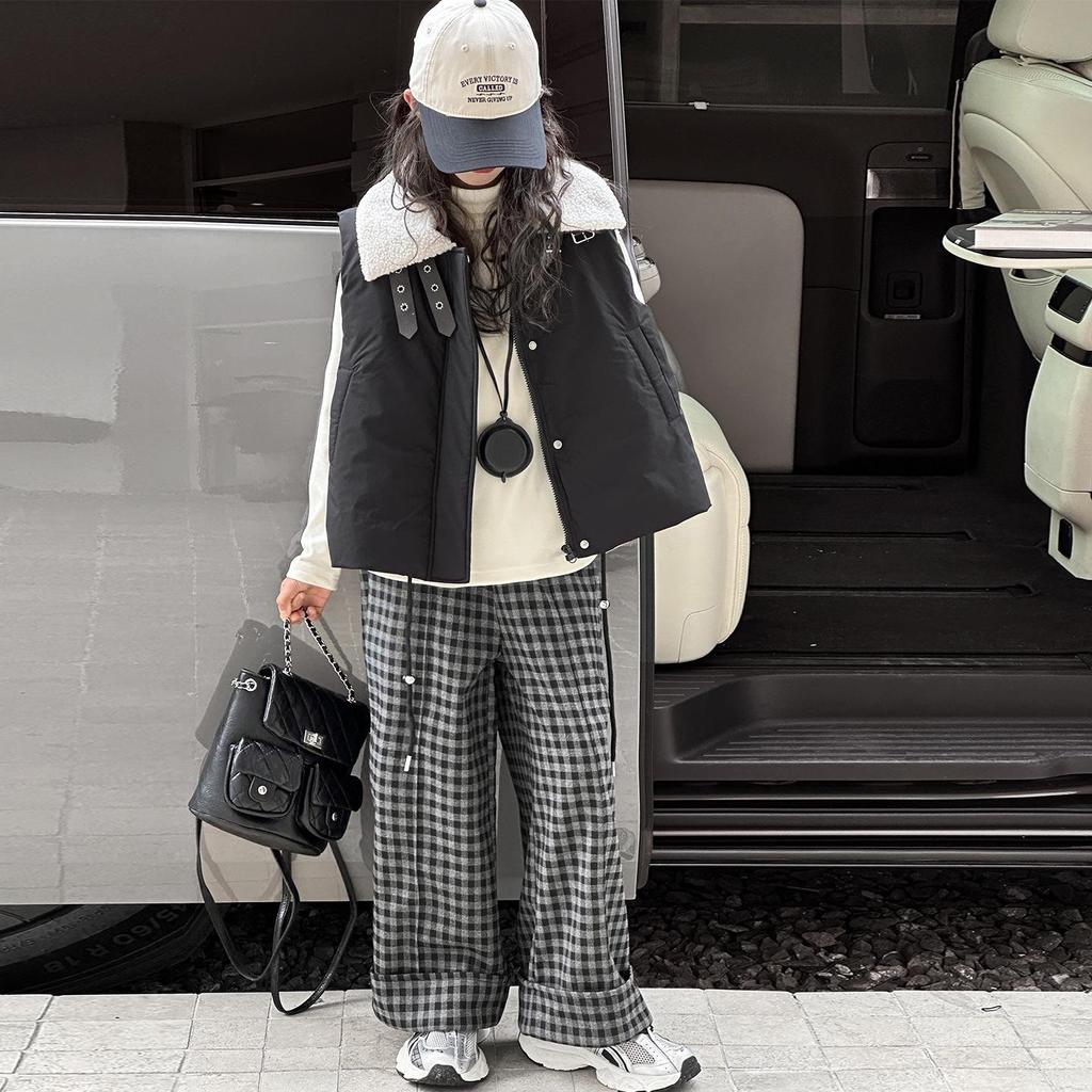 Ensemble Gilet en Coton d'Hiver 2025 pour Filles et Pantalon à Carreaux Doublé Polaire