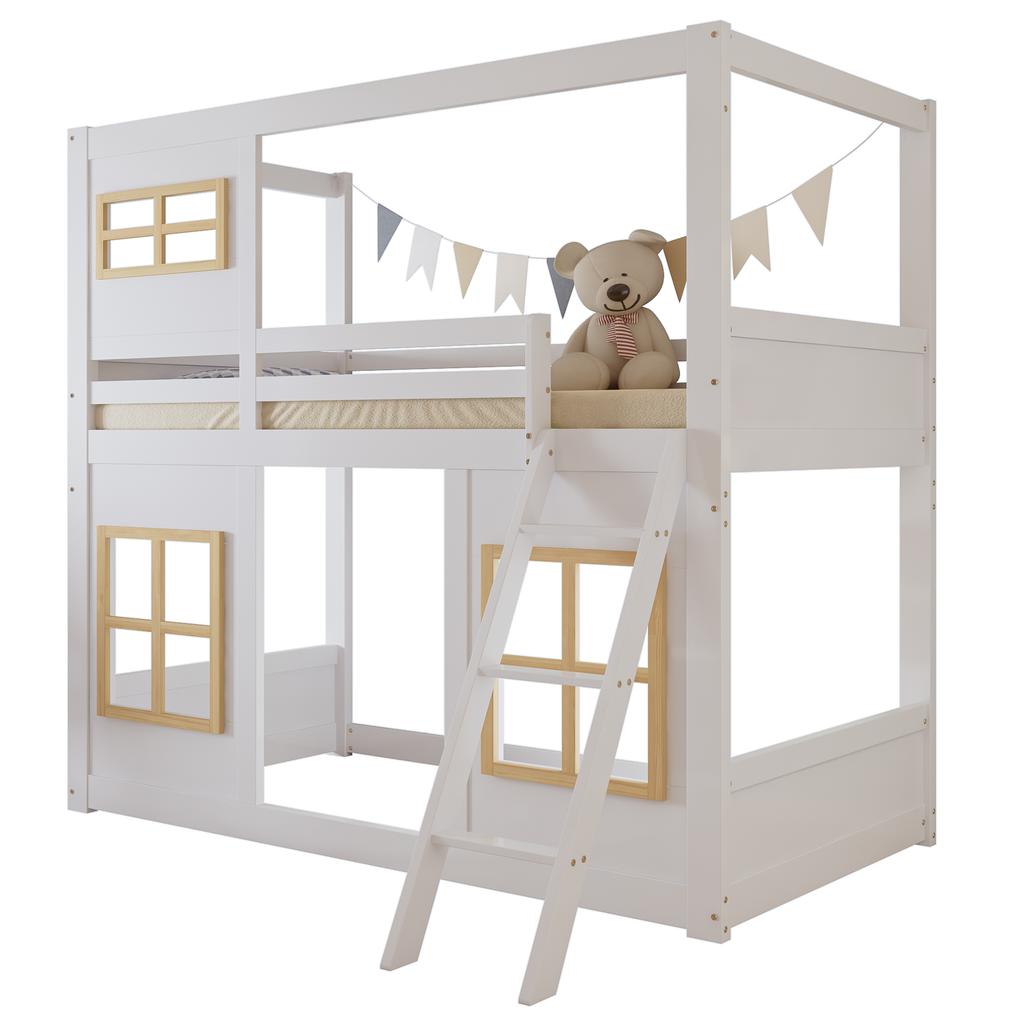 Bunk Bed, Children's Bed, With Beautiful Windows, Sturdy Ladder, With Four-Sided Fencing, Pine + MDF + Plywood, White+Natural, 90x200cm