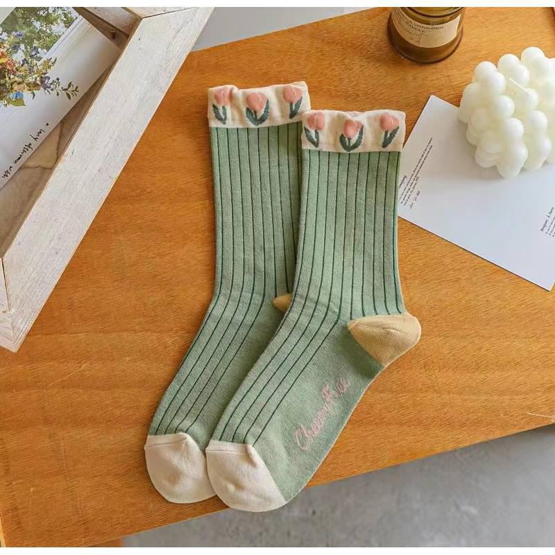 Women's Forest Tulip Long Pile Socks - Floral Series for All Seasons