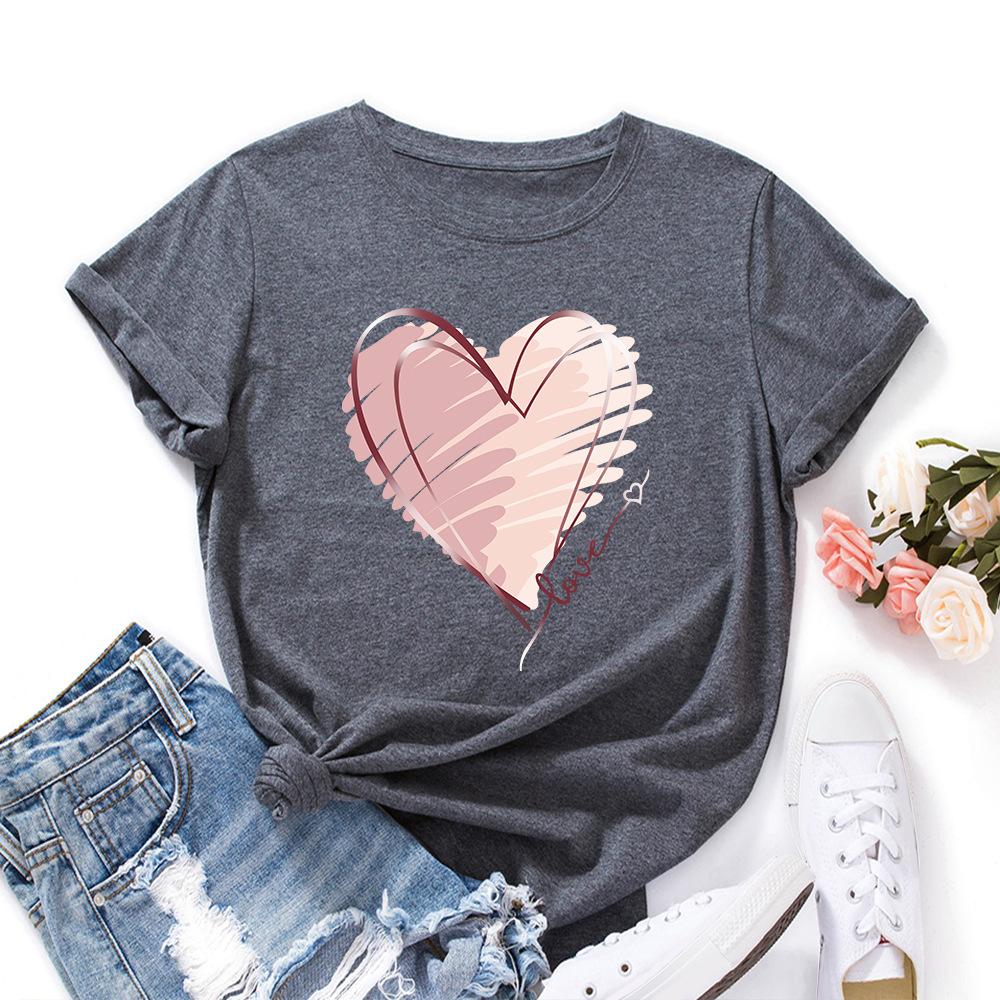 Módní bavlněné tričko s potiskem srdce, krátký rukáv, kulatý výstřih, dámské topy s 2D potiskem
