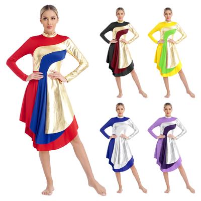 Women Color Block Liturgical Praise Dance Dress Church Worship Costume Lyrical Irregular Hem Dancewear