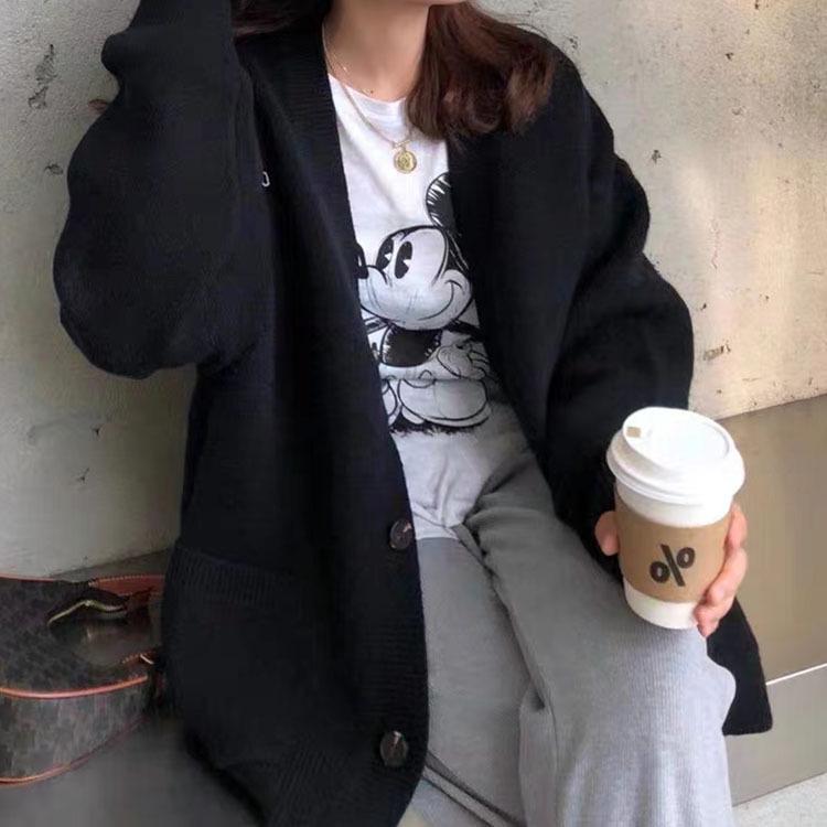 

Женский трикотажный кардиган с V-образным вырезом и длинными рукавами, осень/зима 2023, свободный повседневный свитер-пальто в стиле Харадзюку One Size чёрный