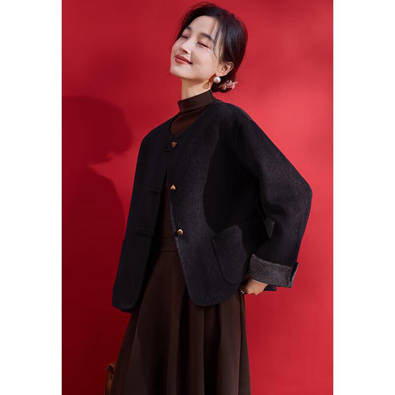 VICTORIA&VERA Elegant Chinese Style Lotus Button Wool Blend Short Coat