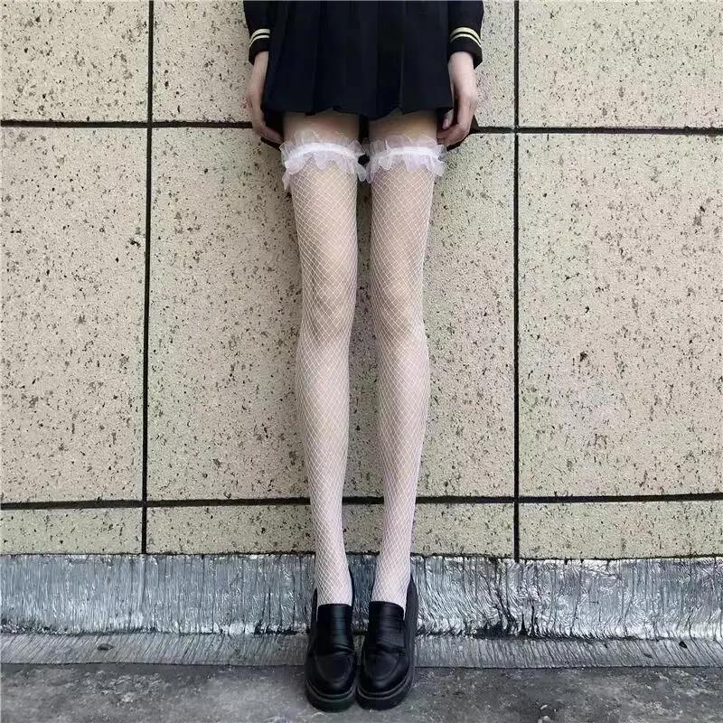 Sexy červený lem Nové nadkolenní dlouhé ponožky Gotické krajkové průhledné punčochy přes stehna Dámské Punkové JK Tenké hedvábné jednobarevné punčochové zboží