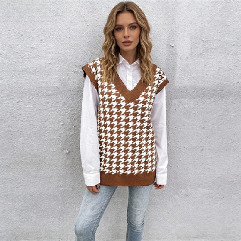 

Women s Early Autumn New European and American Loose Houndstooth V-Neck Knitted Vest for Women S