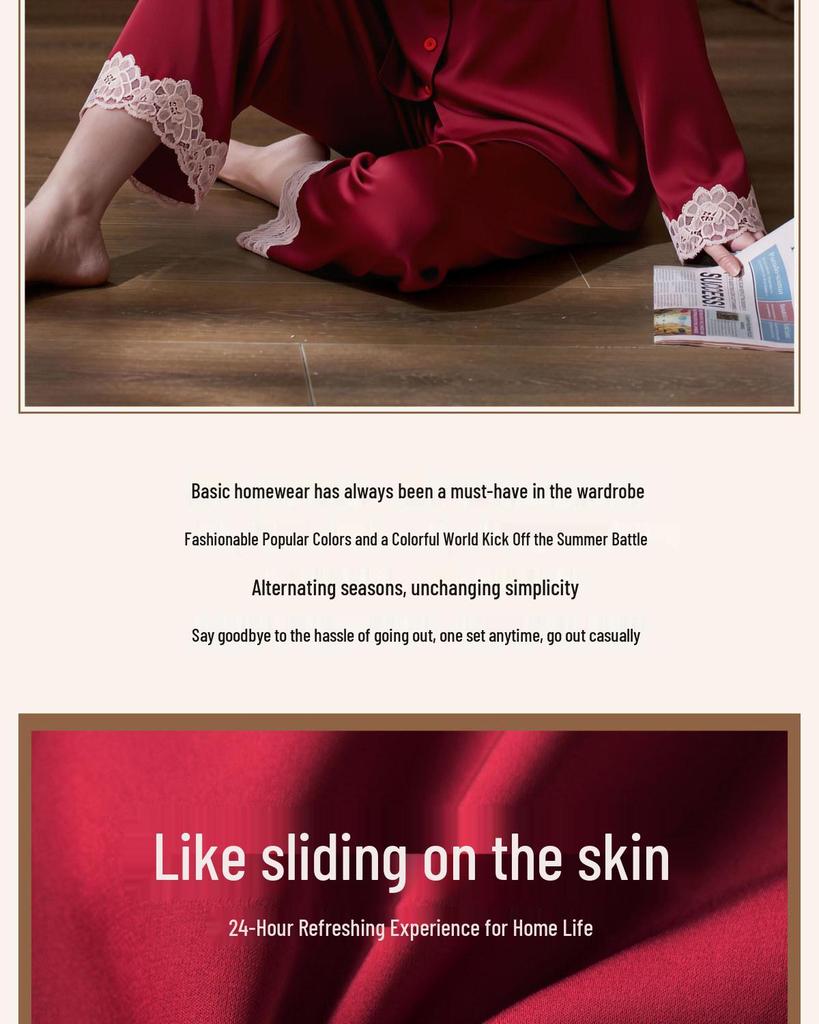 Women's Red Year of the Rat Ice Silk Pajamas - Long Sleeve, Festive Wedding Homewear for Spring/Autumn.