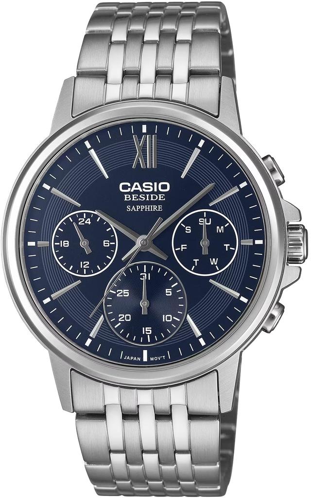 CASIO BESIDE Quartz Men Watch Sapphire Glass Stainless Steel Band Multiaxis 24 Hour Display Navy BMS-300D-2AV