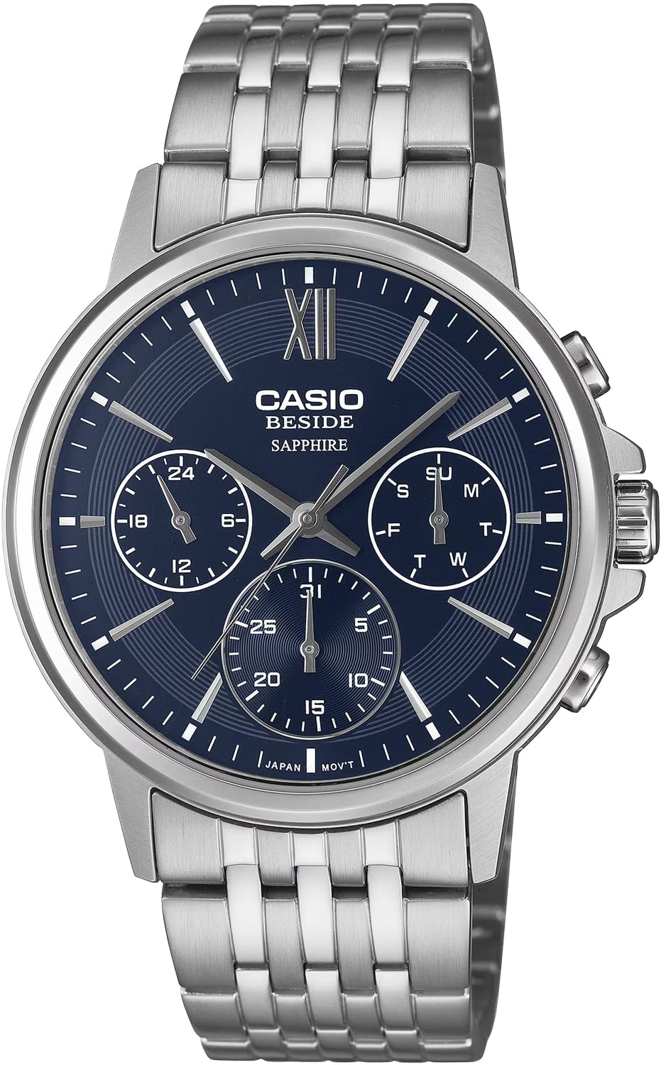 

Casio BESIDE Quartz Men s Watch BMS-300D-2AV Sapphire Glass Stainless Steel Band Multi-Axis 24-Hour Navy