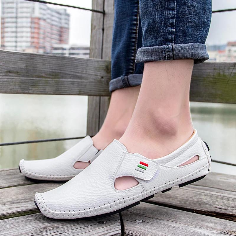 New Summer Breathable Leather Shoes Men Casual LoafersDesign Handmade Men Flats Soft Leather Moccasins Boat Shoes